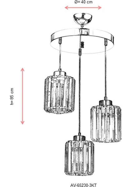 AV-65230-3KT Krom Kaplama Modern Avize E27 Metal Kristal 40cm