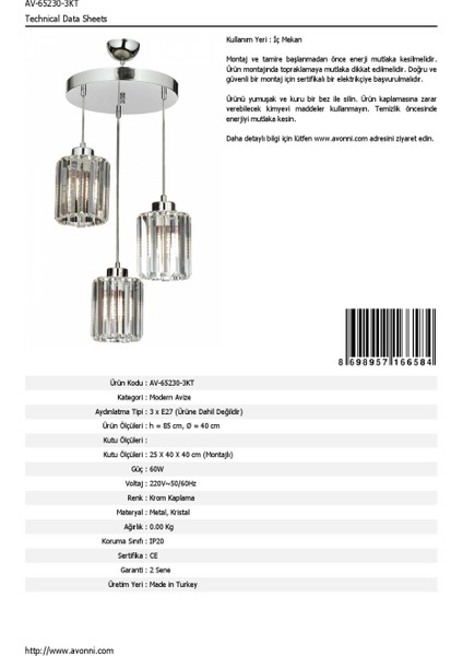 AV-65230-3KT Krom Kaplama Modern Avize E27 Metal Kristal 40cm