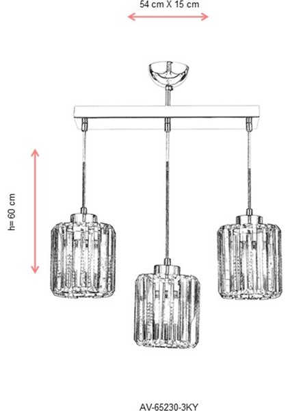 AV-65230-3KY Krom Kaplama Modern Avize E27 Metal Kristal 54x15cm