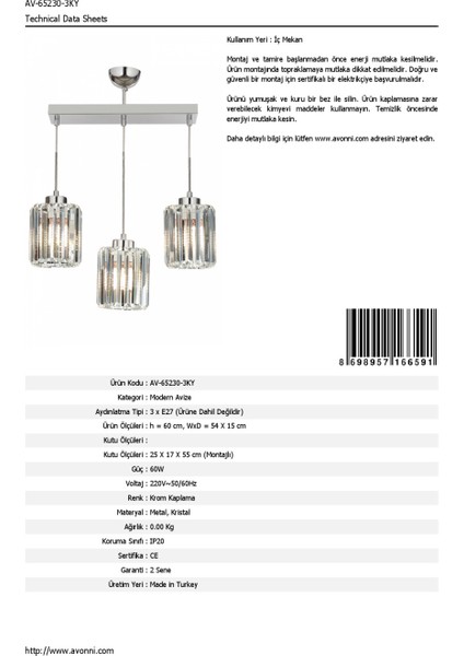 AV-65230-3KY Krom Kaplama Modern Avize E27 Metal Kristal 54x15cm