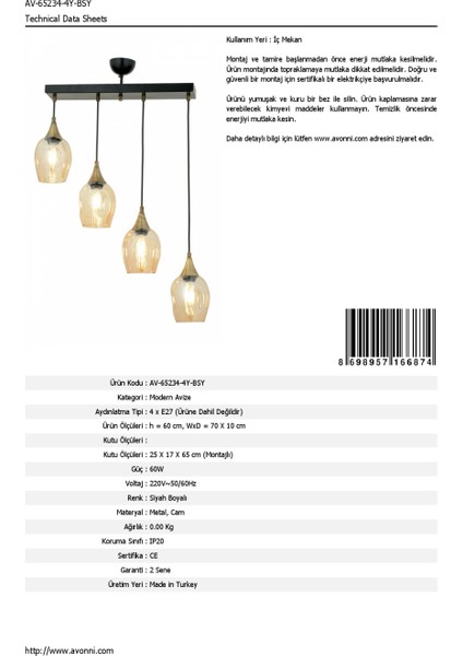AV-65234-4Y-BSY Siyah Boyalı Modern Avize E27 Metal Cam 70x10cm fırsatları