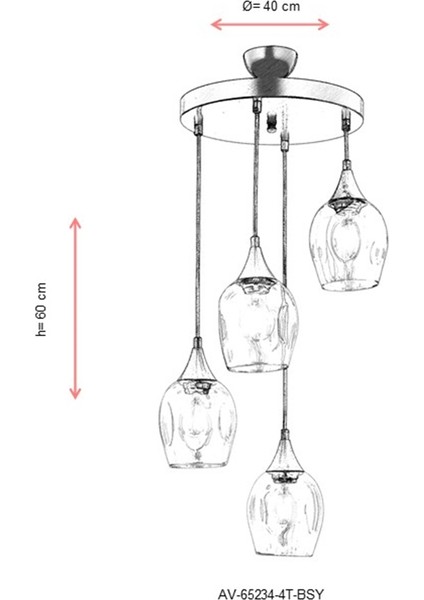 AV-65234-4T-BSY Siyah Boyalı Modern Avize E27 Metal Cam 40cm