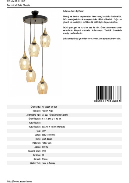 AV-65234-5T-BSY Siyah Boyalı Modern Avize E27 Metal Cam 40cm fırsatları