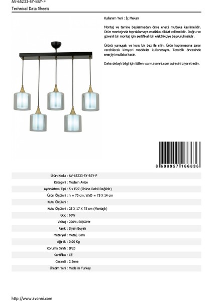 AV-65233-5Y-BSY-F Siyah Boyalı Modern Avize E27 Metal Cam 75x14cm fırsatları