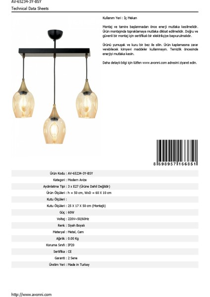 AV-65234-3Y-BSY Siyah Boyalı Modern Avize E27 Metal Cam 60x10cm fırsatları