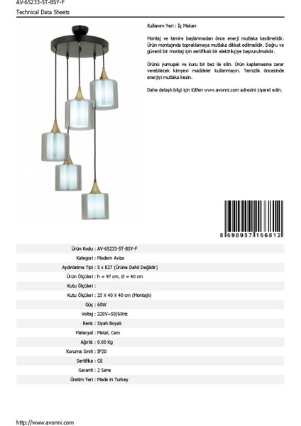 AV-65233-5T-BSY-F Siyah Boyalı Modern Avize E27 Metal Cam 40cm fırsatları