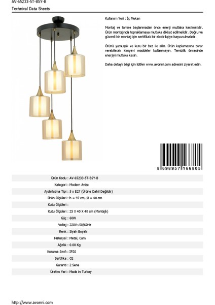 AV-65233-5T-BSY-B Siyah Boyalı Modern Avize E27 Metal Cam 40cm fırsatları
