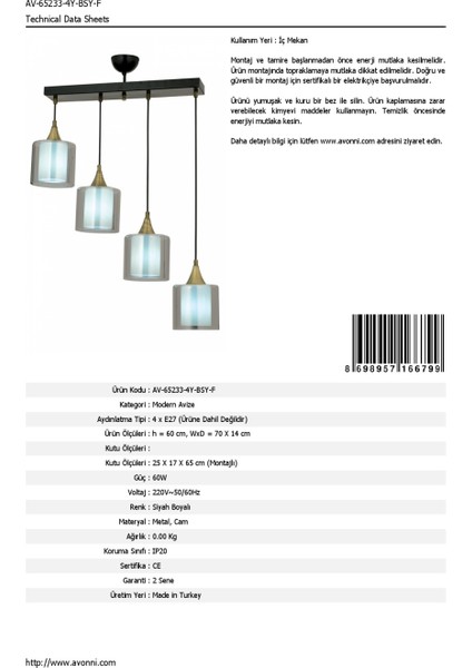 AV-65233-4Y-BSY-F Siyah Boyalı Modern Avize E27 Metal Cam 70x14cm