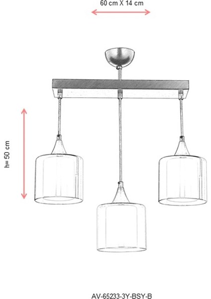 AV-65233-3Y-BSY-B Siyah Boyalı Modern Avize E27 Metal Cam 60x14cm