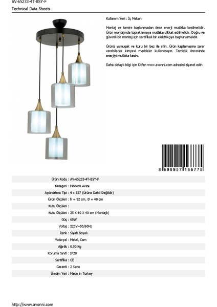 AV-65233-4T-BSY-F Siyah Boyalı Modern Avize E27 Metal Cam 40cm fırsatları