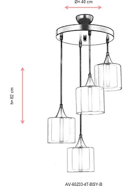 AV-65233-4T-BSY-B Siyah Boyalı Modern Avize E27 Metal Cam 40cm