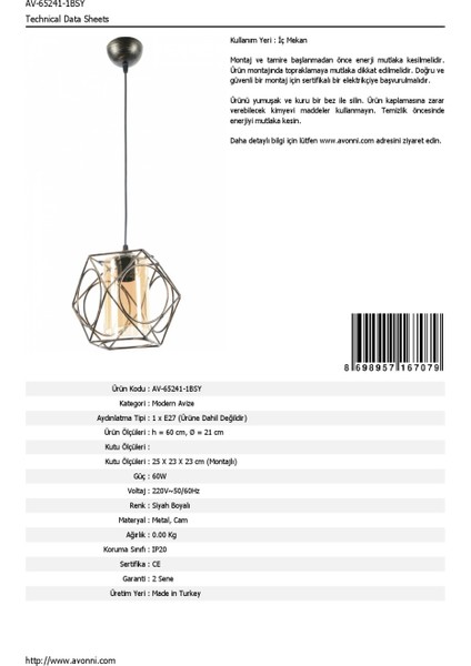 AV-65241-1BSY Siyah Boyalı Modern Avize E27 Metal Cam 21cm