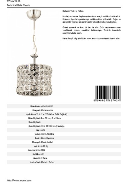 AV-65240-2K Krom Kaplama Modern Avize E27 Metal Kristal 20cm