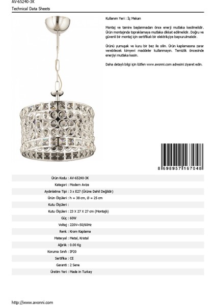 AV-65240-3K Krom Kaplama Modern Avize E27 Metal Kristal 25cm fırsatları