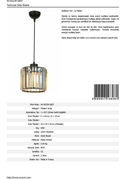 AV-65239-1BSY Siyah Boyalı Modern Avize E27 Metal Kristal 19cm fırsatları