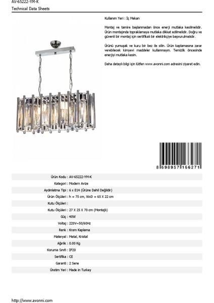 AV-65222-YM-K Krom Kaplama Modern Avize E14 Metal Kristal 65x22cm fırsatları