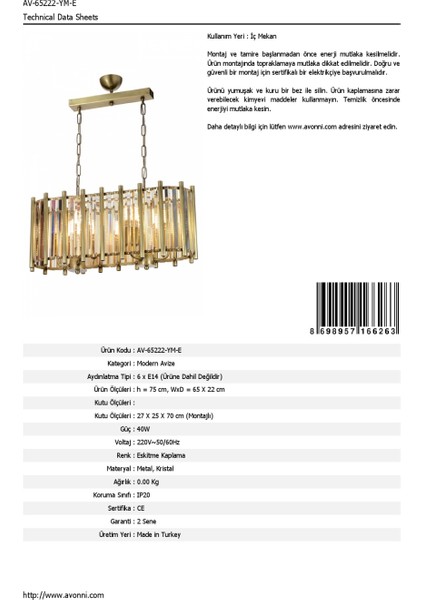AV-65222-YM-E Eskitme Kaplama Modern Avize E14 Metal Kristal 65x22cm fırsatları