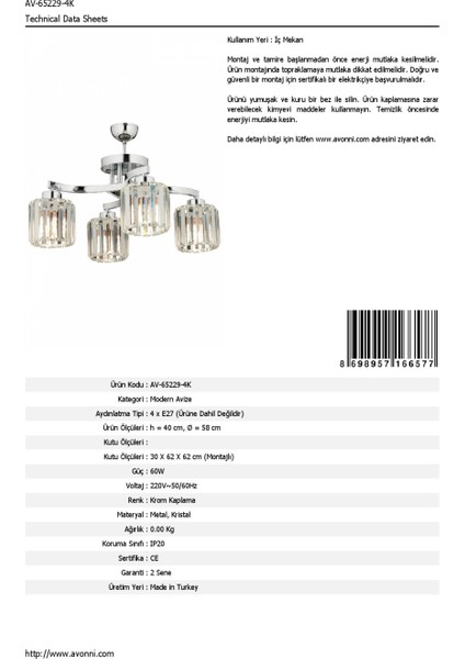 AV-65229-4K Krom Kaplama Modern Avize E27 Metal Kristal 58cm