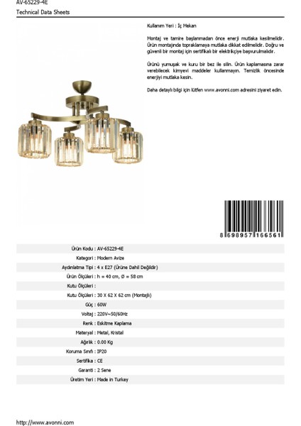 AV-65229-4E Eskitme Kaplama Modern Avize E27 Metal Kristal 58cm