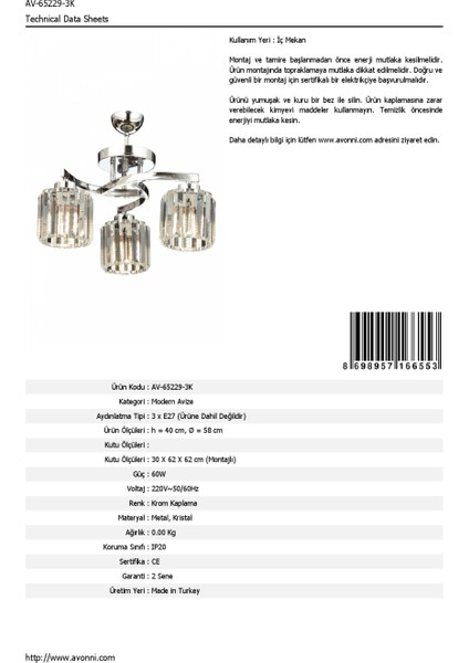 AV-65229-3K Krom Kaplama Modern Avize E27 Metal Kristal 58cm