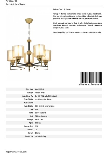 AV-65227-5E Eskitme Kaplama Modern Avize E27 Metal Cam 58cm