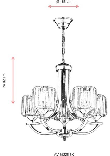 AV-65226-5K Krom Kaplama Modern Avize E27 Metal Kristal 55cm