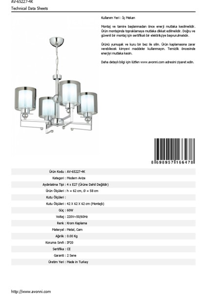 AV-65227-4K Krom Kaplama Modern Avize E27 Metal Cam 58cm fırsatları