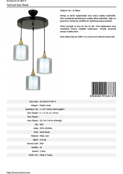 AV-65233-3T-BSY-F Siyah Boyalı Modern Avize E27 Metal Cam 40cm