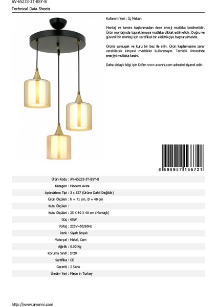 AV-65233-3T-BSY-B Siyah Boyalı Modern Avize E27 Metal Cam 40cm fırsatları