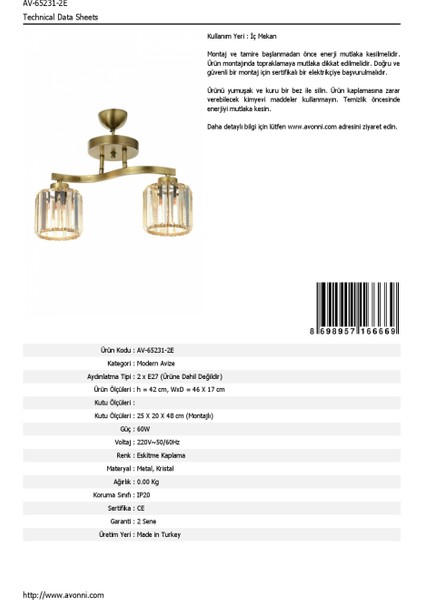 AV-65231-2E Eskitme Kaplama Modern Avize E27 Metal Kristal 46x17cm