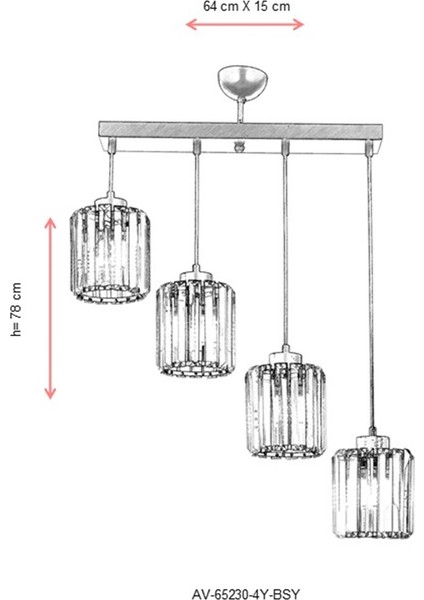 AV-65230-4Y-BSY Siyah Boyalı Modern Avize E27 Metal Kristal 64x15cm