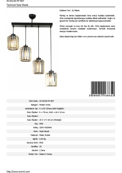 AV-65230-4Y-BSY Siyah Boyalı Modern Avize E27 Metal Kristal 64x15cm