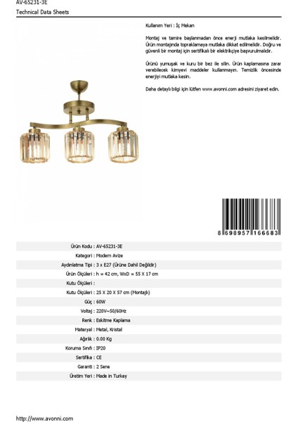AV-65231-3E Eskitme Kaplama Modern Avize E27 Metal Kristal 55x17cm fırsatları