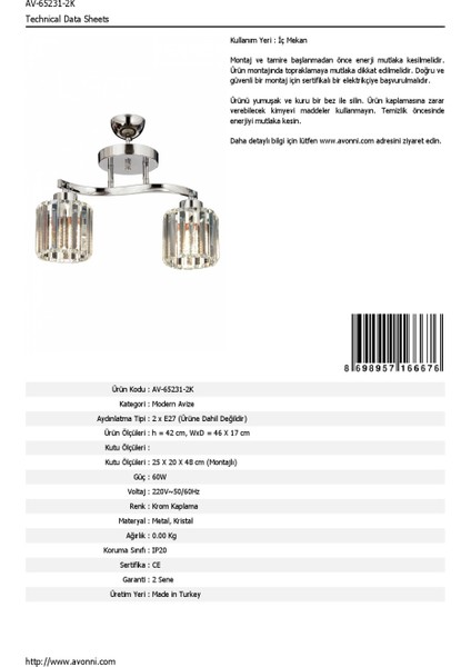 AV-65231-2K Krom Kaplama Modern Avize E27 Metal Kristal 46x17cm