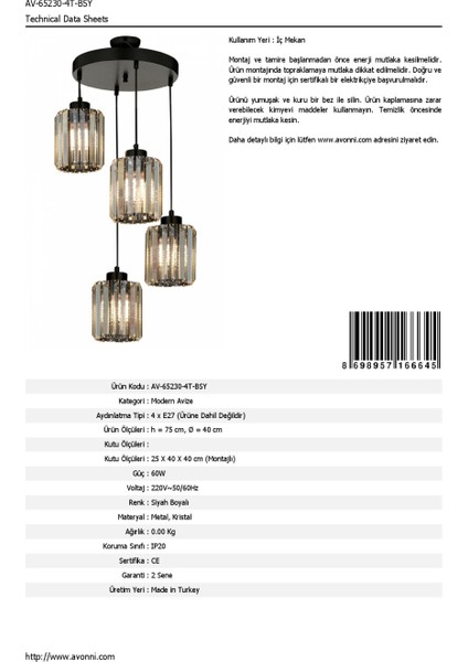 AV-65230-4T-BSY Siyah Boyalı Modern Avize E27 Metal Kristal 40cm fırsatları