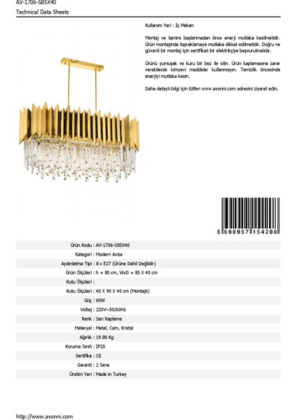 AV-60101-S85X40 Sarı Kaplama Modern Avize E27 Metal Kristal 85x40cm fırsatları