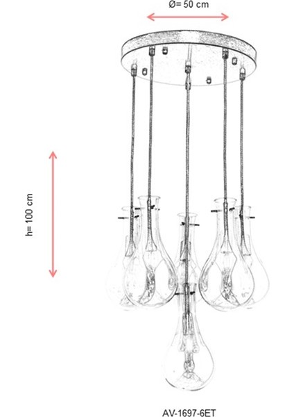 AV-60092-6ET Eskitme Kaplama Modern Avize E14 Metal Cam 50cm