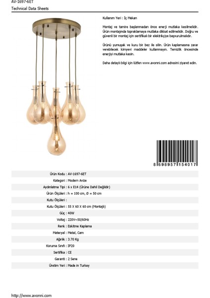 AV-60092-6ET Eskitme Kaplama Modern Avize E14 Metal Cam 50cm