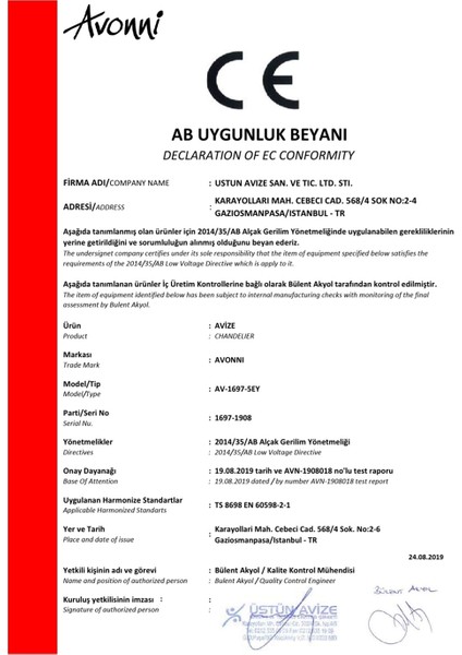 AV-60092-5EY Eskitme Kaplama Modern Avize E14 Metal Cam 80x15cm