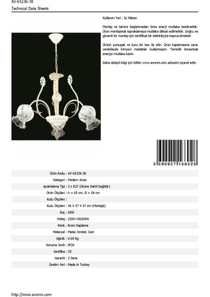 AV-65236-3K Krom Kaplama Modern Avize E27 Metal Kristal Cam 56cm