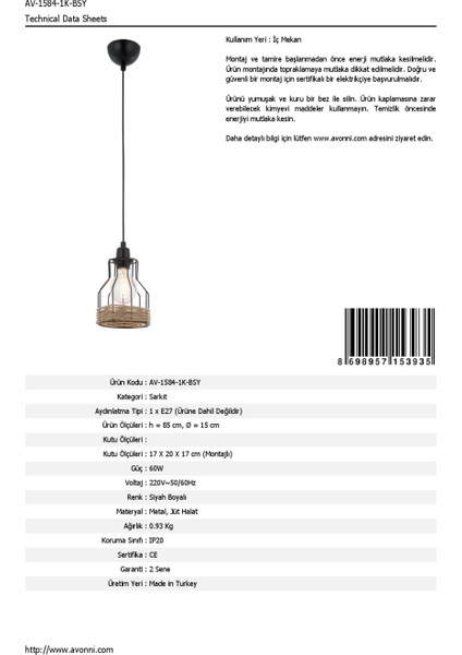 AV-1584-1K-BSY Siyah Boyalı Modern Avize E27 Metal Jüt Halat 15cm fırsatları