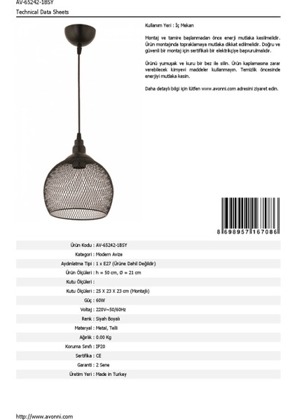 AV-65242-1BSY Siyah Boyalı Modern Avize E27 Metal Telli 21cm