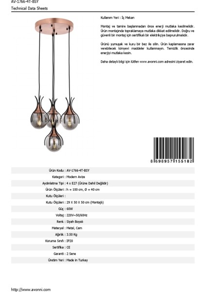 AV-60161-4T-BSY Siyah Boyalı Modern Avize E27 Metal Cam 40cm modelleri