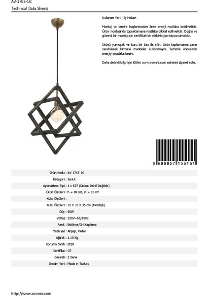 AV-60160-1G Eskitme Kaplama Modern Avize E27 Ahşap Metal 30cm