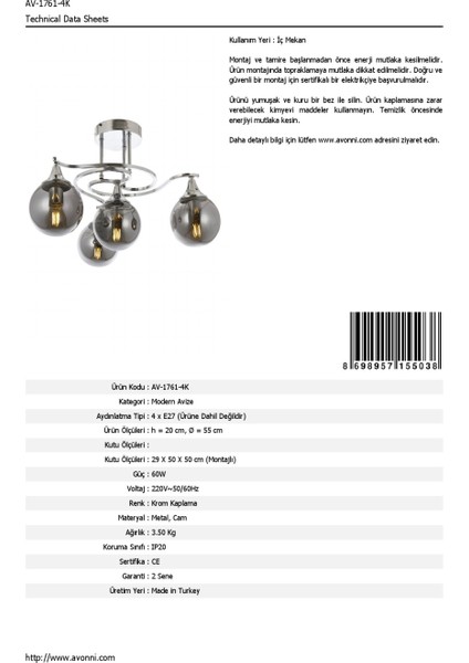 AV-60156-4K Krom Kaplama Modern Avize E27 Metal Cam 55cm