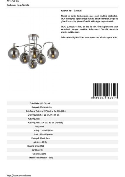 AV-60156-6K Krom Kaplama Modern Avize E27 Metal Cam 60cm