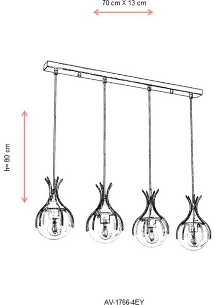 AV-60161-4EY Eskitme Kaplama Modern Avize E27 Metal Cam 70x13cm