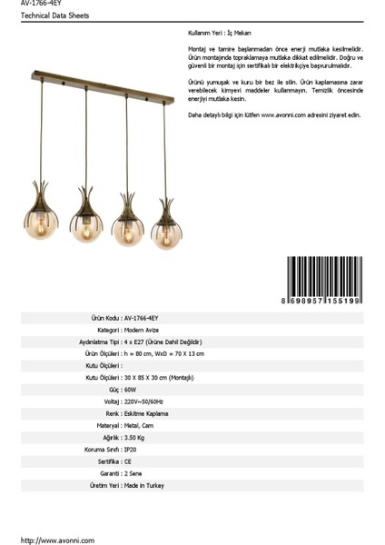 AV-60161-4EY Eskitme Kaplama Modern Avize E27 Metal Cam 70x13cm