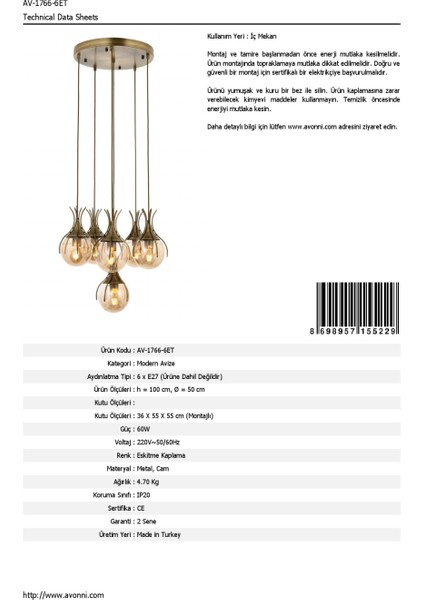 AV-60161-6ET Eskitme Kaplama Modern Avize E27 Metal Cam 50cm