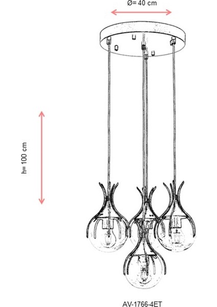 AV-60161-4ET Eskitme Kaplama Modern Avize E27 Metal Cam 40cm